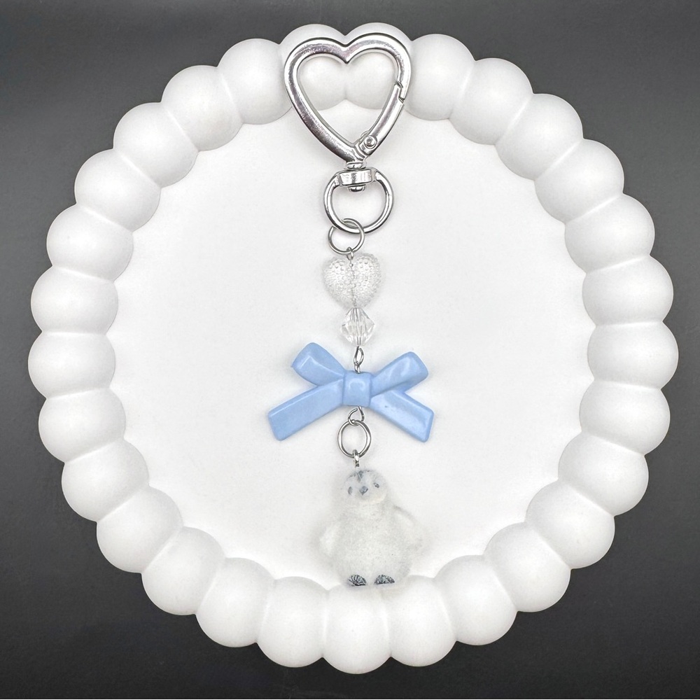 Blue Bow & Penguin Bag Charm on Silver Clasp